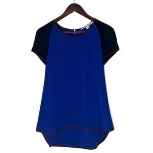 Diane Von Furstenberg DVF Black Blue Short Sleeve Color Block Silk Top Blouse